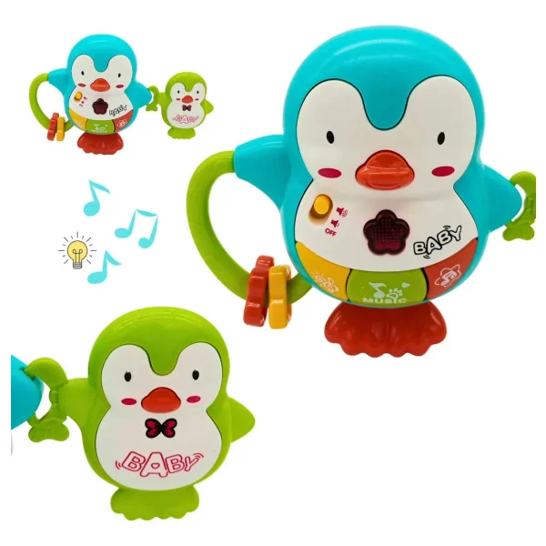 Sonajero Musical Bebe Pinguino Celeste Con Luces Y Sonidos
