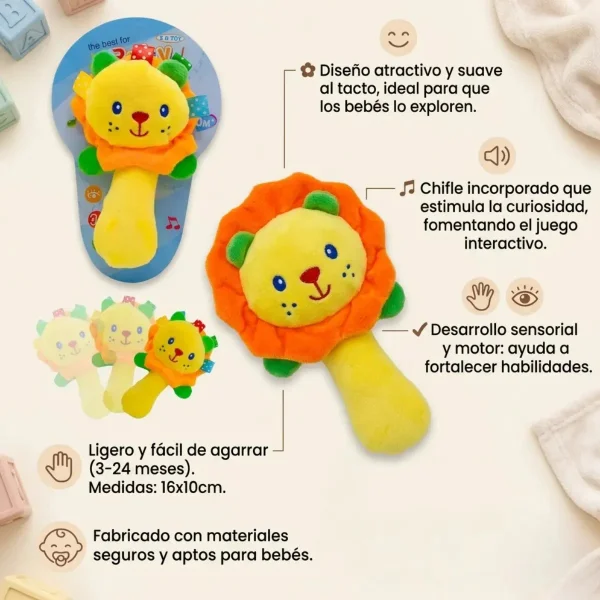 Sonajero Bebe Leon Amarillo Felpa Chifle 0-3 Años