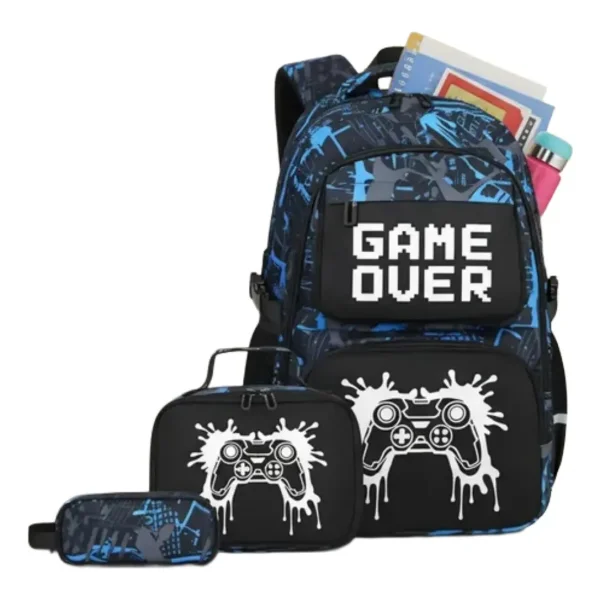 Mochilas Escolares 3 En 1 Cartuchera Lonchera Game Over Nene