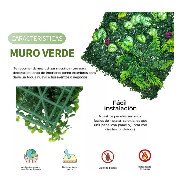 Jardín Vertical Cesped Artificial Flores Muro Verde 40x60cm Verde