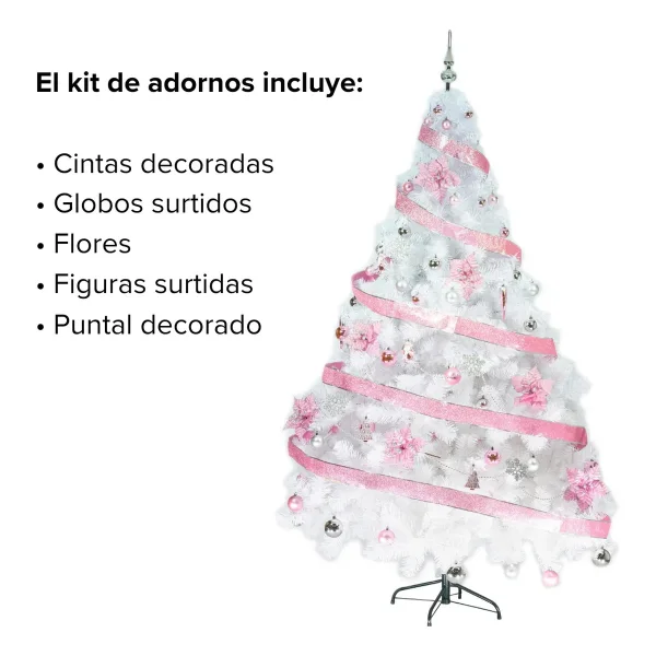 Arbol De Navidad Blanco Tronador Lujo 2,10mts Decorado Rosa Blanco