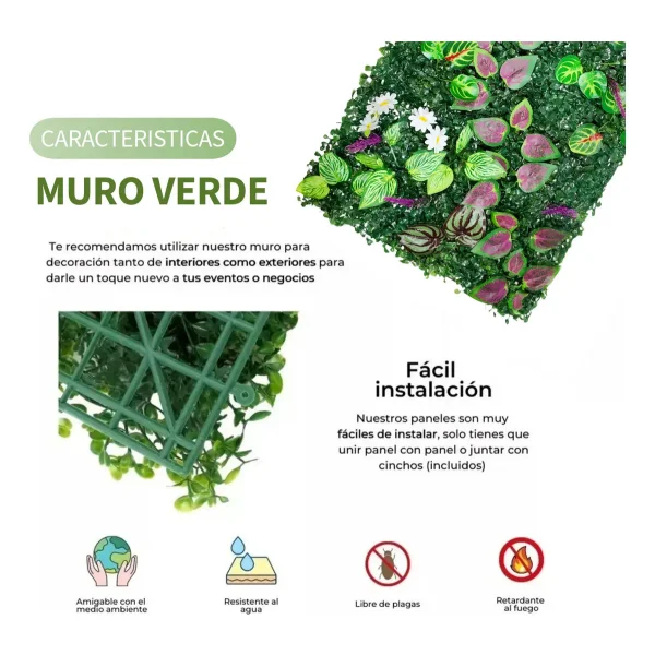 Jardín Vertical Artificial Flores Interior Exterior 40x60cm Verde