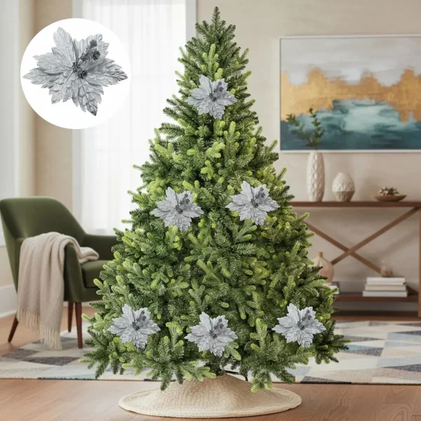 Flor 25cm Plata Arbol De Navidad Adornos Decoracion X4u Plateado Floreado