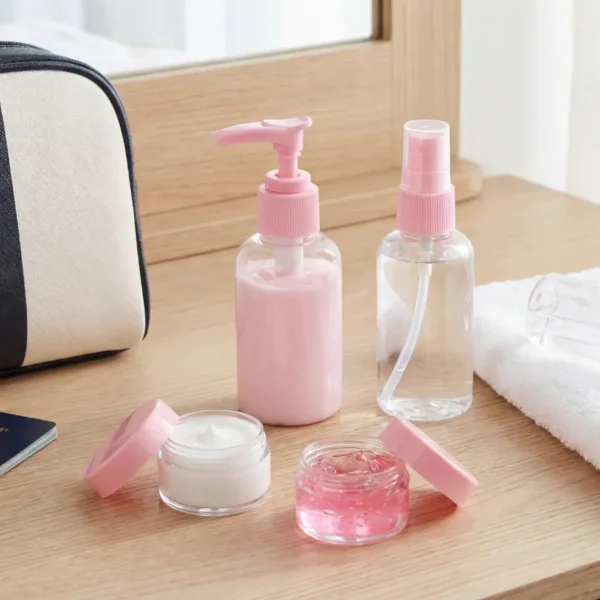 Kit Neceser Frascos De Viaje Avión Envases Recargables X5 Rosa Liso