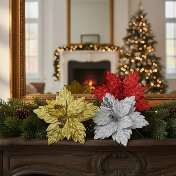 Flor 25cm Plata Arbol De Navidad Adornos Decoracion Plateado Estrella