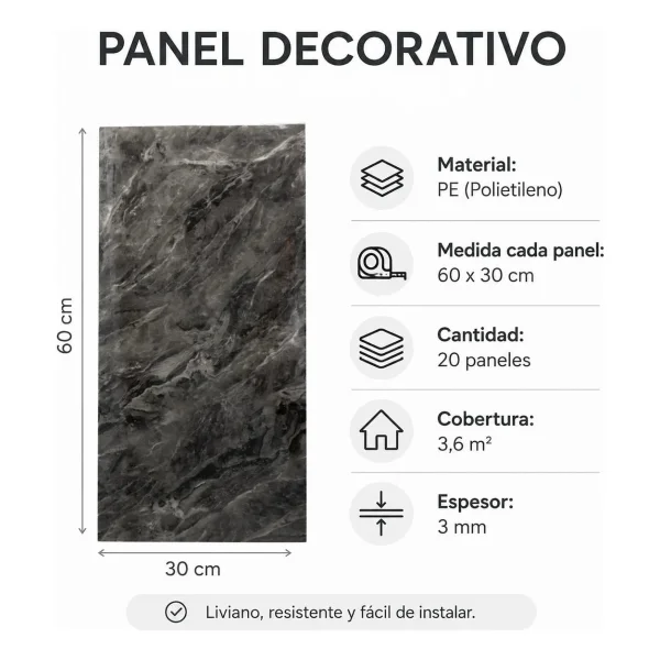Revestimiento Pared Simil Mármol Pe Autoadhesivo Pack X20 Gris Suave