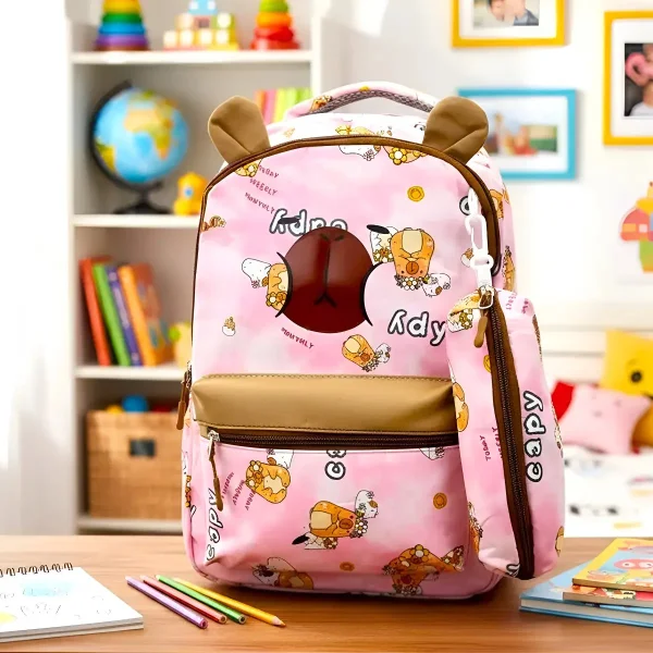Mochila Escolar + Cartuchera Capibara Infantil Para Niños/as