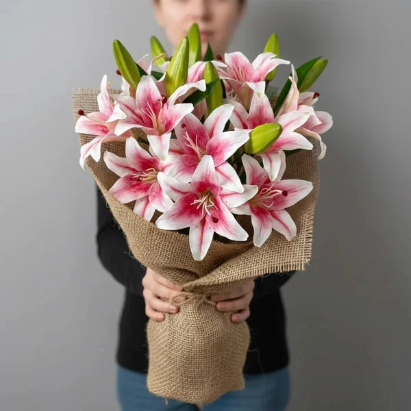 Ramo Lirios Flores Pack X3 Vara Lilium Artificiales 36cm Rosa