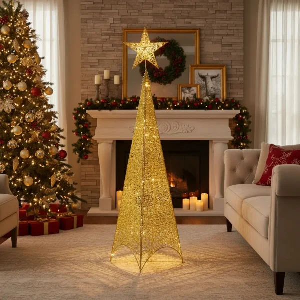 Arbol De Navidad Cono + Puntal Estrella Adorno Navideño 95cm Dorado
