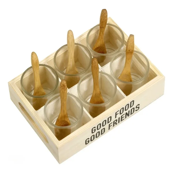 Set X6 Copetineros De Vidrio Y Madera Con Cucharitas Transparente