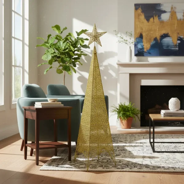 Arbol De Navidad Cono + Puntal Estrella Adorno Navideño 95cm Dorado