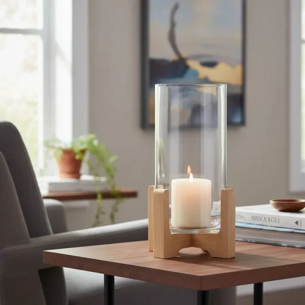 Portavela Jarrón De Vidrio Grande Con Base De Madera 34cm Transparente