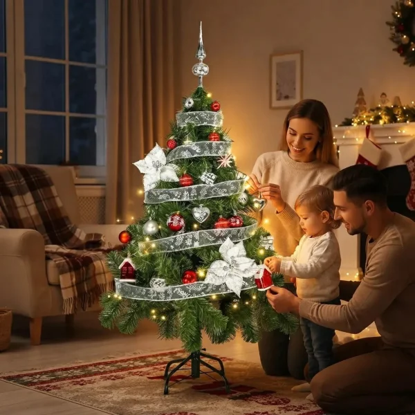 Arbol de Navidad Verde Tronador Lujo 1,20m Kit 30 Deco Rojo Plata