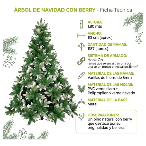Arbol De Navidad Pino Natural Nevado Con Berry 1.80mts Verde