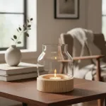 Portavela Vidrio Con Base De Madera Decoración Hogar 15cm