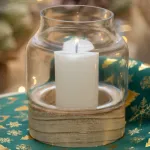 Portavela Vidrio Con Base De Madera Decoración Hogar 15cm
