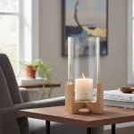 Portavela Jarrón De Vidrio Grande Con Base De Madera 34cm