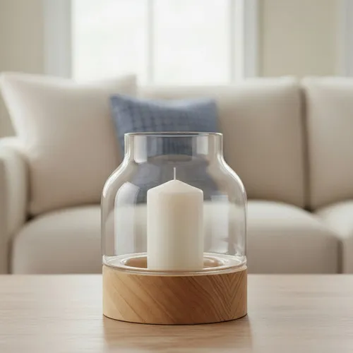 Producto Portavela Vidrio Florero Con Base De Madera Deco Hogar 19cm Color Transparente Imagen